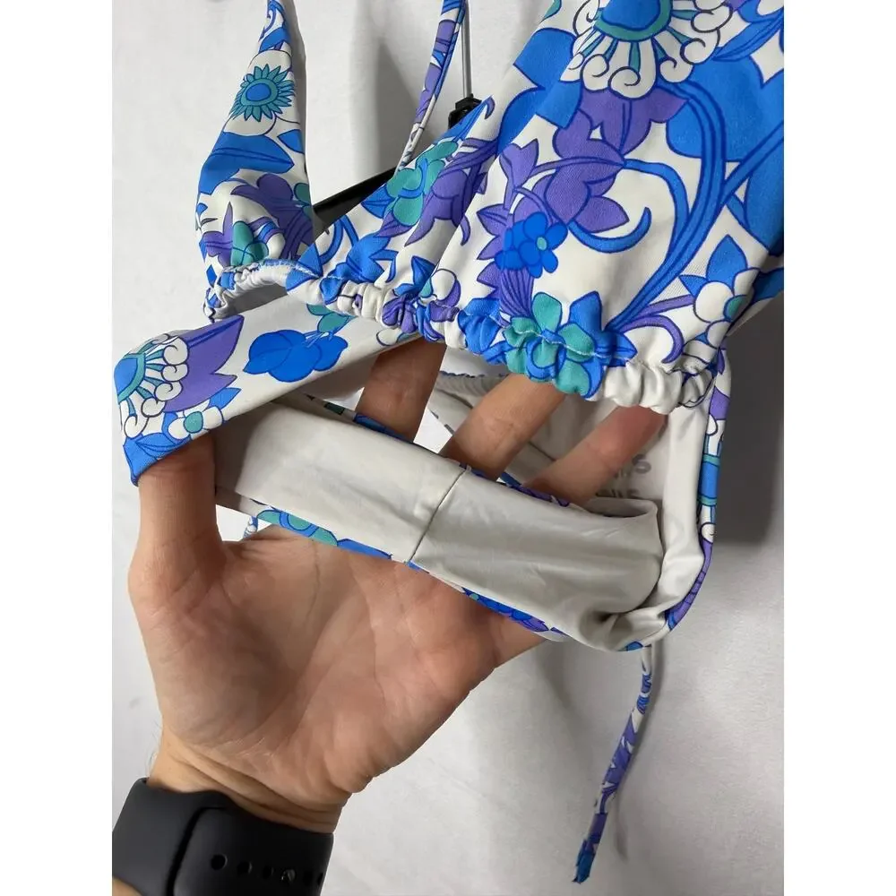 Frankie's Bikinis Morning Glory Floral Print Blue Triangle String Set Small